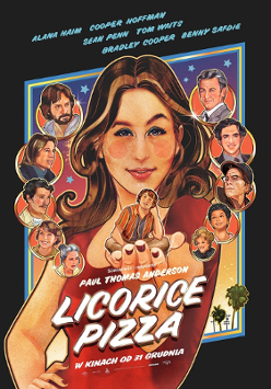 Film poster - drawing of a woman who is holding a man in her open hand; around a woman - pictures of other people.