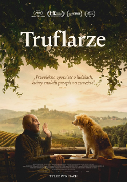Film poster - a man and a dog - they are opposite each other, a landscape as a background.