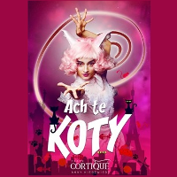 Colourful event poster - photo of a dancer on red-pink background, white inscription - the title of the performance.