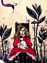 Performance poster: a drawing of a girl sitting on a chair, with a rabbit on her knees. Some black plants on her both sides.