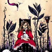 Performance poster: a drawing of a girl sitting on a chair, with a rabbit on her knees. Some black plants on her both sides.