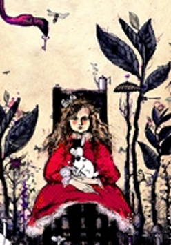 Performance poster: a drawing of a girl sitting on a chair, with a rabbit on her knees. Some black plants on her both sides.