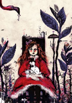 Performance poster: a drawing of a girl sitting on a chair, with a rabbit on her knees. Some black plants on her both sides.