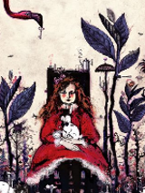 Performance poster: a drawing of a girl sitting on a chair, with a rabbit on her knees. Some black plants on her both sides.