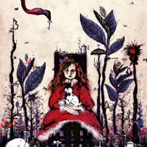 Performance poster: a drawing of a girl sitting on a chair, with a rabbit on her knees. Some black plants on her both sides.