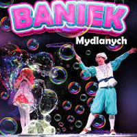 Performance poster: two performers on stage, around them soap bubbles.