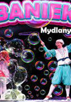 Performance poster: two performers on stage, around them soap bubbles.