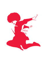 Red drawing of Sukhishvili ballet dancer on white background.