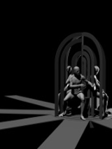 Black and white photo of the artists performing on stage