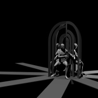 Black and white photo of the artists performing on stage