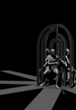Black and white photo of the artists performing on stage