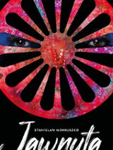 Performance poster: on a black background a colorful circle with symmetrical cutouts, behind which a pair of eyes is visible. Below white inscriptions with the title and author of the play.