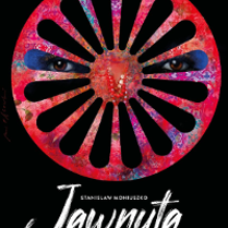 Performance poster: on a black background a colorful circle with symmetrical cutouts, behind which a pair of eyes is visible. Below white inscriptions with the title and author of the play.