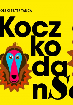 Colourful event poster - black title of the performance on yellow background and a head of a monkey