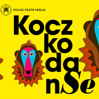 Colourful event poster - black title of the performance on yellow background and a head of a monkey