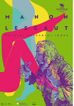 Performance poster: colourful drawing of a man kissing a woman's leg.