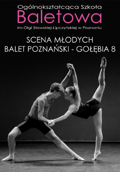 Black and white photo of two ballet dancers (a young man and a young woman) in dancing poses.