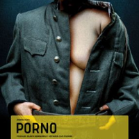 A poster with information about the performance and a photo of a person without a visible face, wearing an unbuttoned dark shirt, under which a fragment of a naked body can be seen.