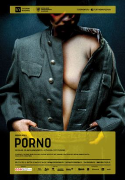 A poster with information about the performance and a photo of a person without a visible face, wearing an unbuttoned dark shirt, under which a fragment of a naked body can be seen.