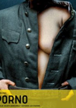 A poster with information about the performance and a photo of a person without a visible face, wearing an unbuttoned dark shirt, under which a fragment of a naked body can be seen.