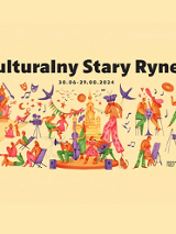 Poster of the "Kulturalny Stary Rynek" series - colourful drawing of people enjoying themselves: playing instruments, dancing, painting etc.
