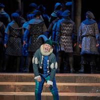 Photo from the performance: a man in a clown's disguise on stage