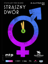 Performance poster: blue and violet clock on black background and white inscriptions with information about the event.