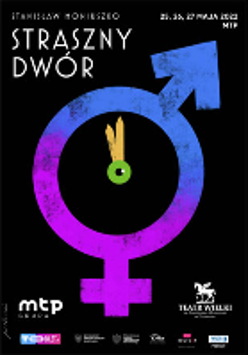 Performance poster: blue and violet clock on black background and white inscriptions with information about the event.
