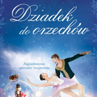 A pair of ballet dancers in a dance pose and the title of the performance. Blue and white background.