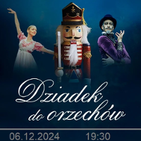 Performance poster: two ballet dancers and a wooden nutcracker between them. Under the photo the performance title and information about the event.