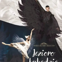 Performance poster: a ballet dancer in white costume and a man dressed in a black, covered with feathers costume. White and dark blue background and the title of the performance.