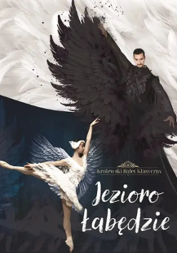 Performance poster: a ballet dancer in white costume and a man dressed in a black, covered with feathers costume. White and dark blue background and the title of the performance.