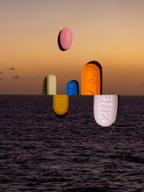 Picture of coloured pills which emerge from the sea or are under the sea's surface