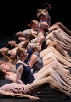 Photo of dancers in a row - some of them lying on the floor, some of them sitting on the floor. Black background.
