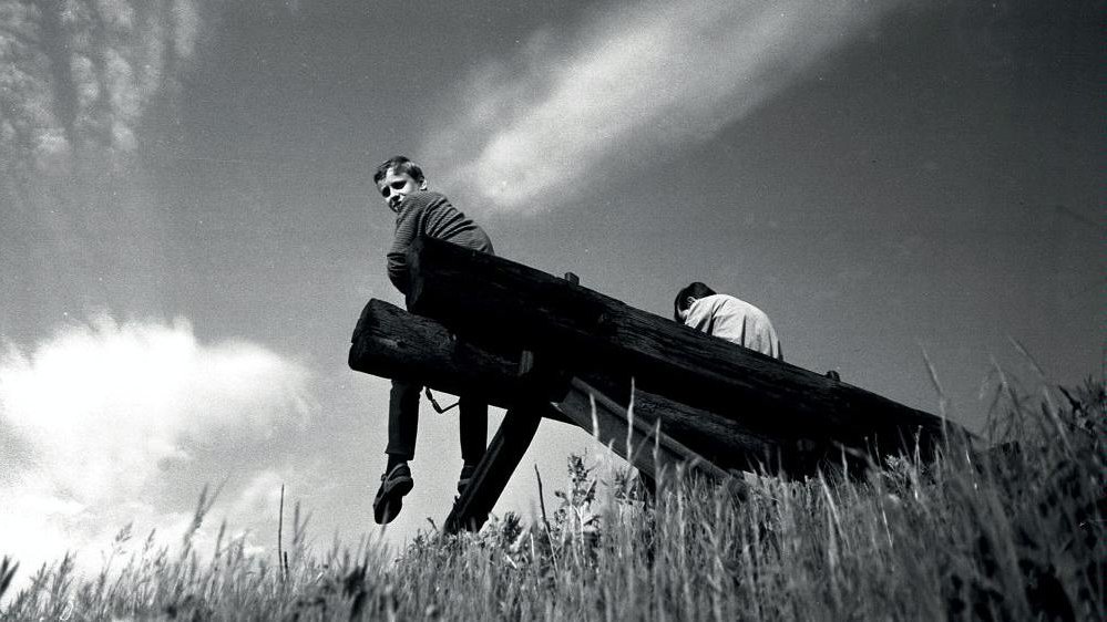Black and white picture of two boys sitting on a wooden construction above a meadow