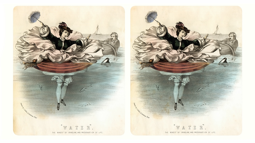 Stereoscopic picture - a woman in crinoline, wearing a hat and holding an umbrella, floating on the water. Behind her a man dipped in water, who is holding an edge of a capsized boat. In the background a yacht with white sail.