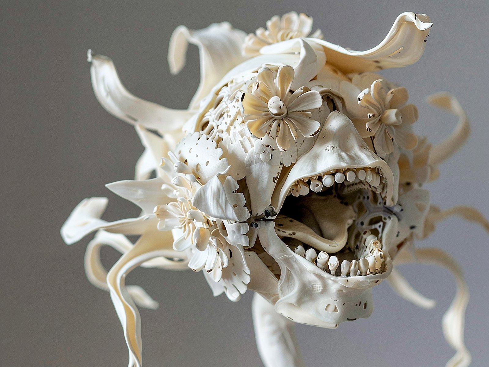 Photo of a sculpture: a hybrid of a flower and a skull with teeth.