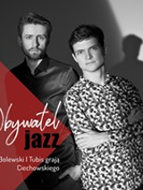 Black and white photo of the artists - two young man looking into the camera, on the left dark red triangle with white and black captions.