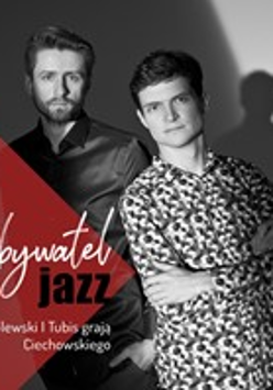 Black and white photo of the artists - two young man looking into the camera, on the left dark red triangle with white and black captions.