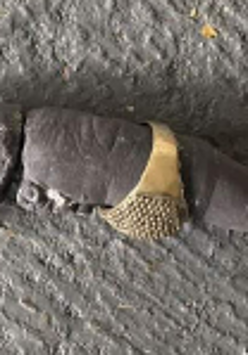 A photo of a fossilised finger with a gold ring on a grey uneven background