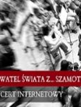 Black and white photo of te orchestra, partly out of focus. On the bottom of the picture the name of the concert.