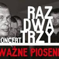Black and white photo of the band, white and red captions - information about the concert