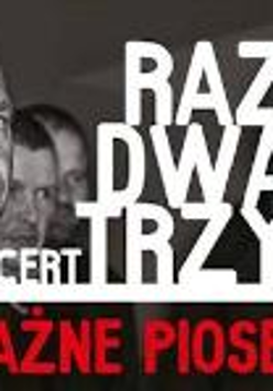 Black and white photo of the band, white and red captions - information about the concert