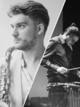 Black and white photo of the artists - a man with saxophone and a man playing drums