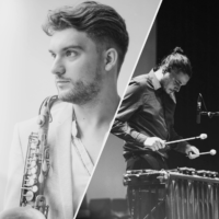 Black and white photo of the artists - a man with saxophone and a man playing drums