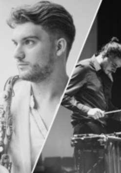 Black and white photo of the artists - a man with saxophone and a man playing drums