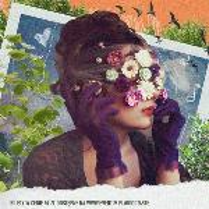 Picture of sanah, whose face is covered with flowers. Blue and green background.