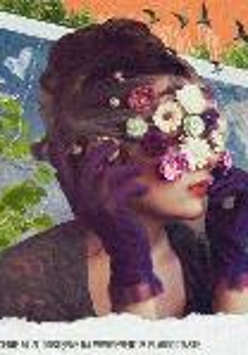 Picture of sanah, whose face is covered with flowers. Blue and green background.