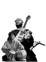 The picture is a collage of black and white portraits of three musicians playing musical instruments.