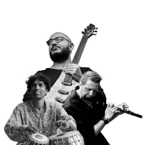 The picture is a collage of black and white portraits of three musicians playing musical instruments.